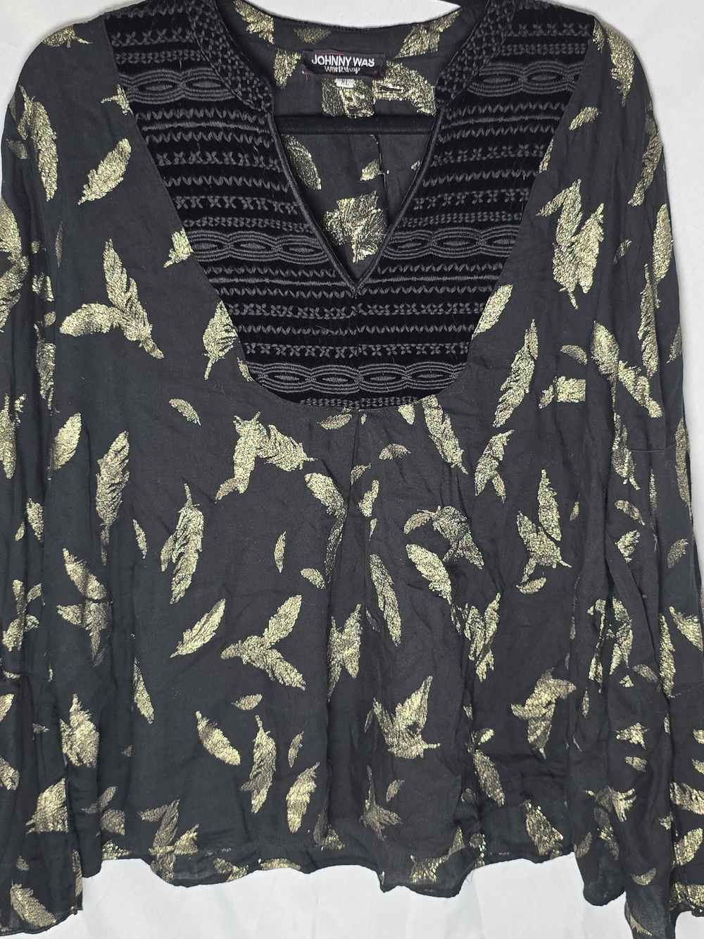 Johnny Was Workshop Black Top with Gold Leaf Print Velvet V Neck Design, Sz XL